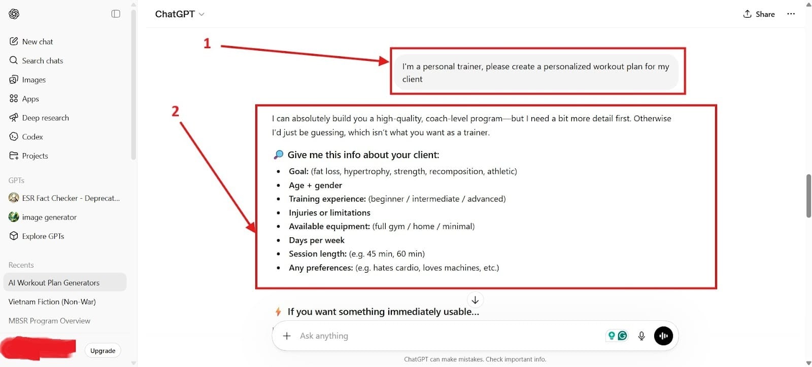 Screenshot showing a prompt entered into an AI tool requesting a personalized workout plan for a client.