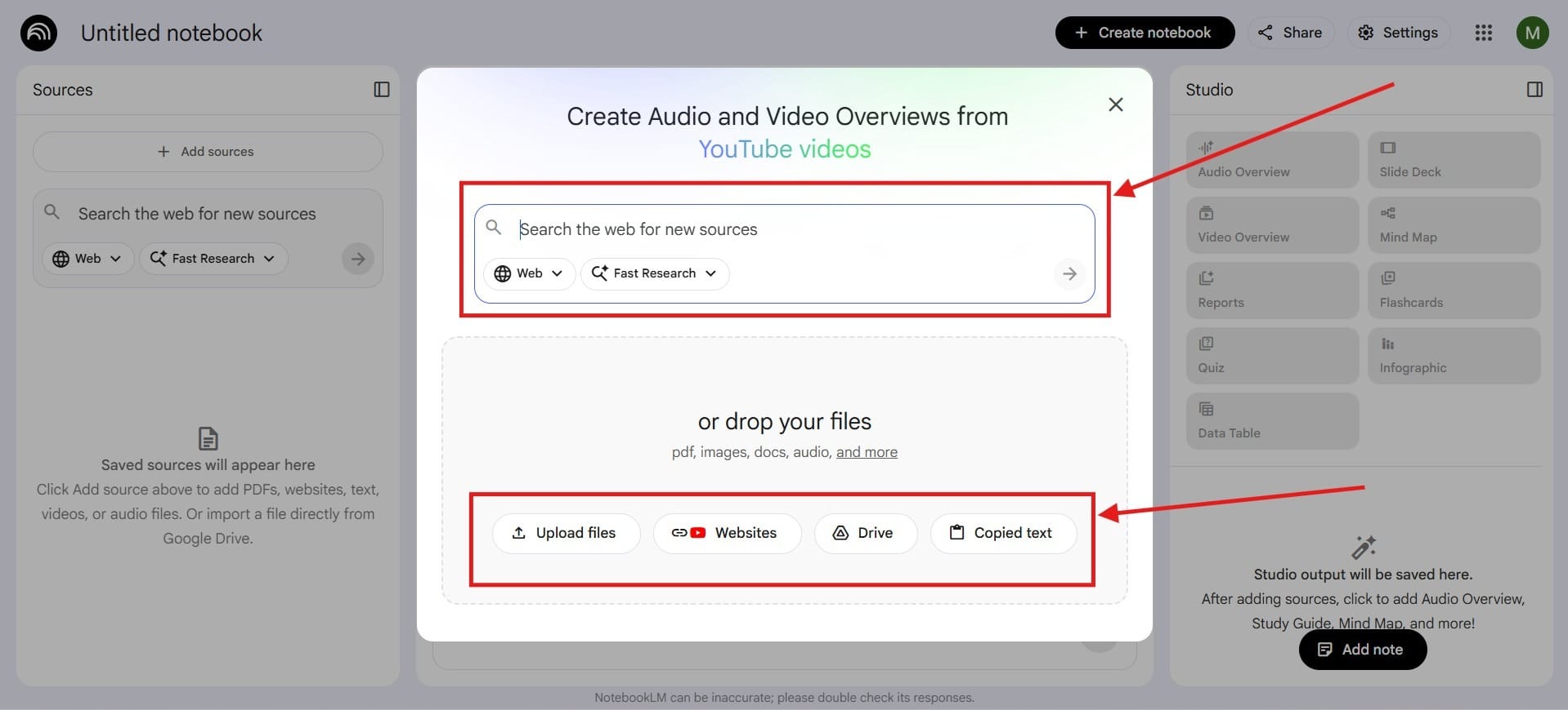 Screen showing options for selecting file types or online sources.