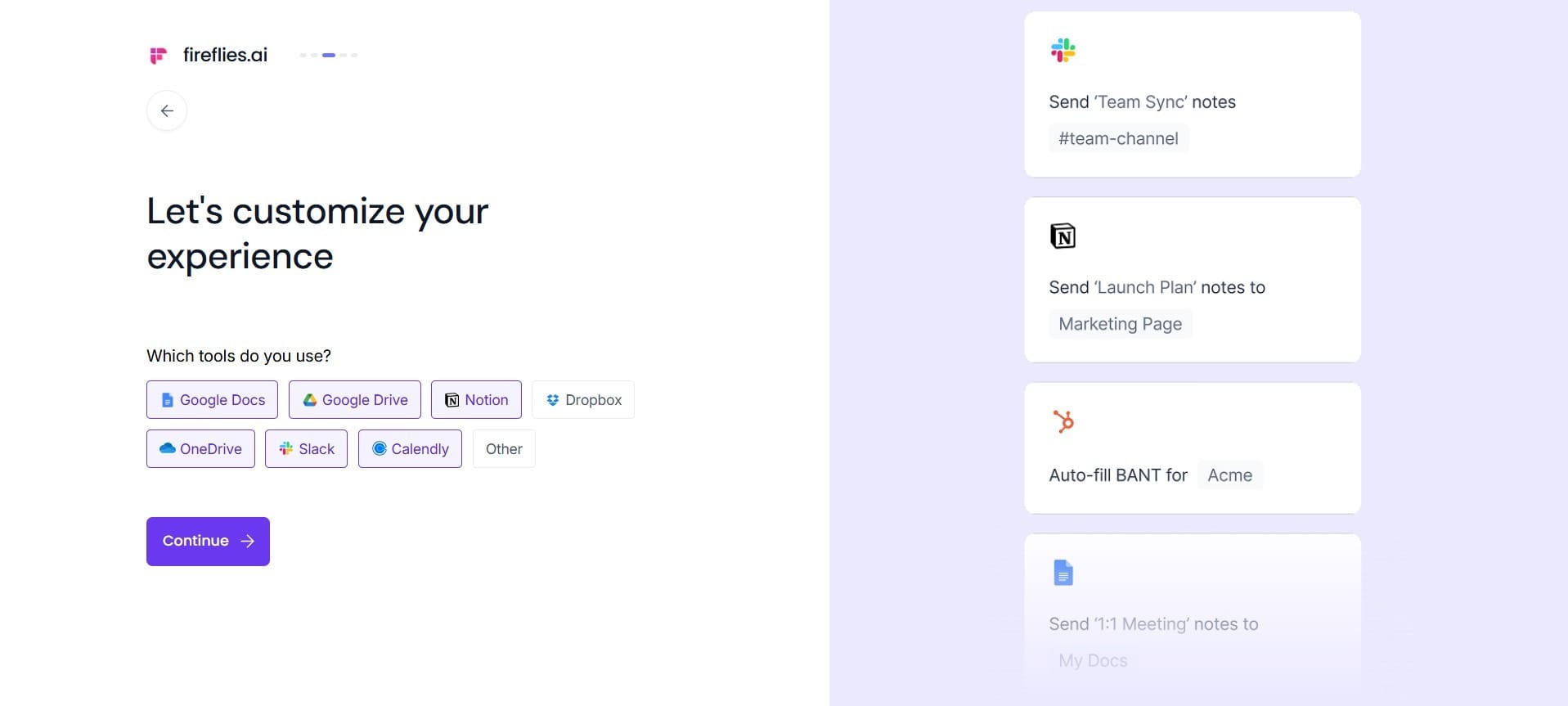 Setup screen showing tool integrations like Google Docs, Slack, and Notion.