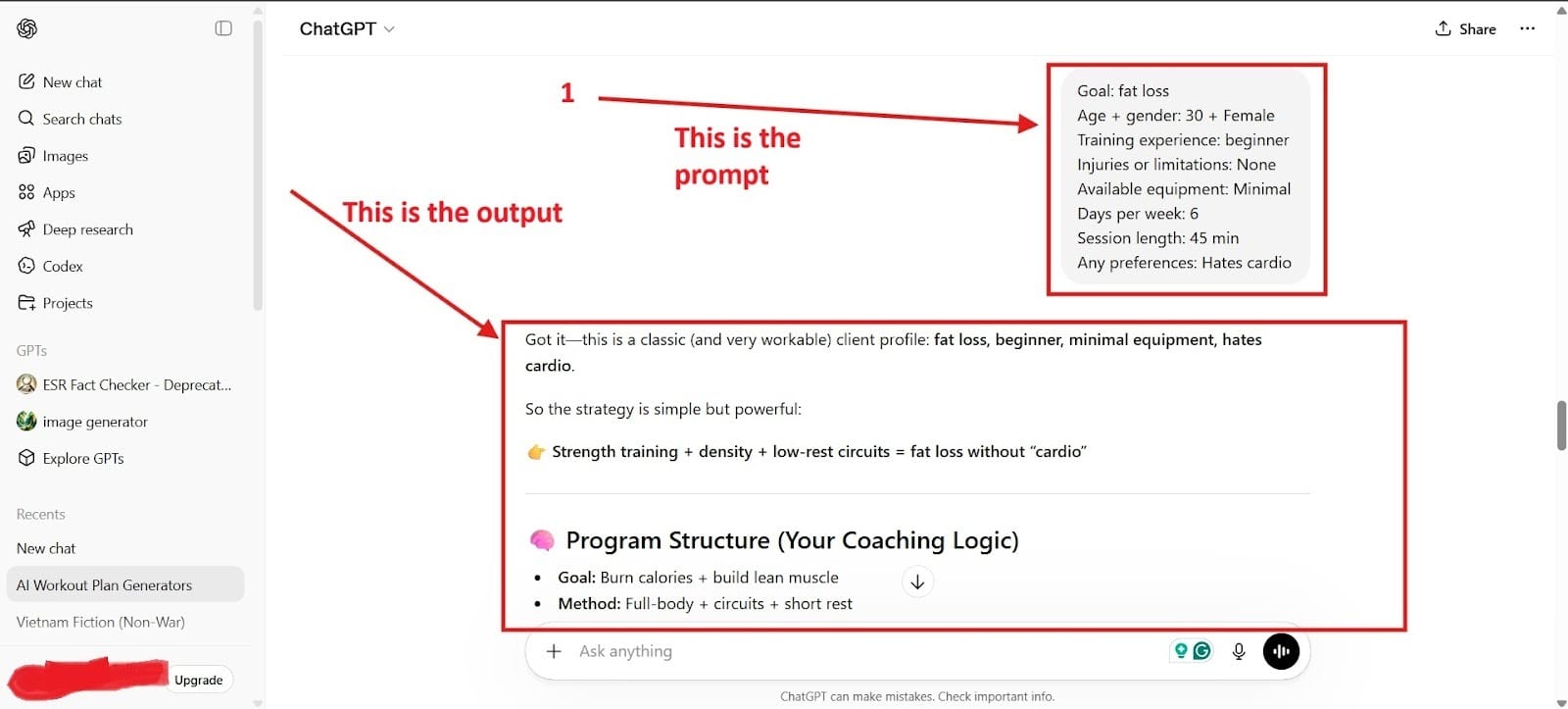 Screenshot of an AI interface displaying a prompt requesting a personalized workout plan for a client.