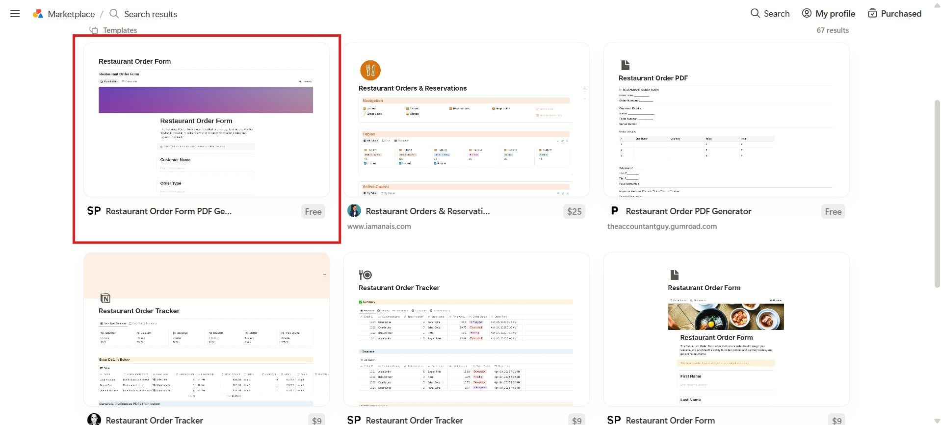 Notion template search showing “Restaurant Orders” with a highlighted option.