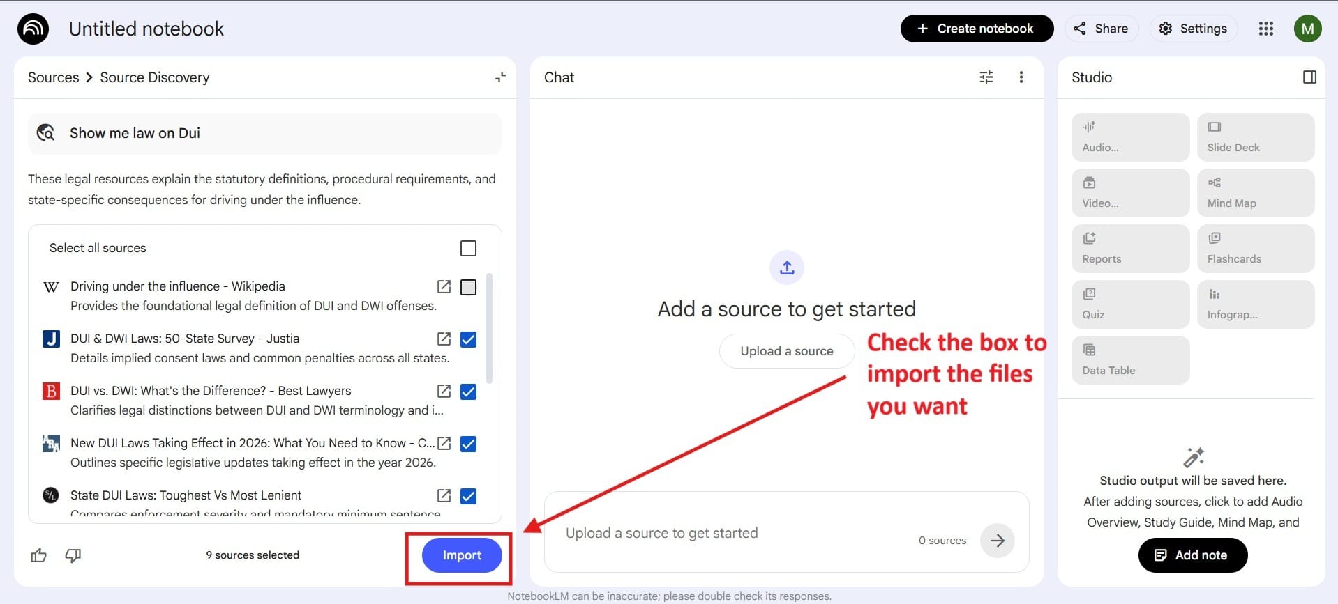 File selection screen for importing documents into a notebook.