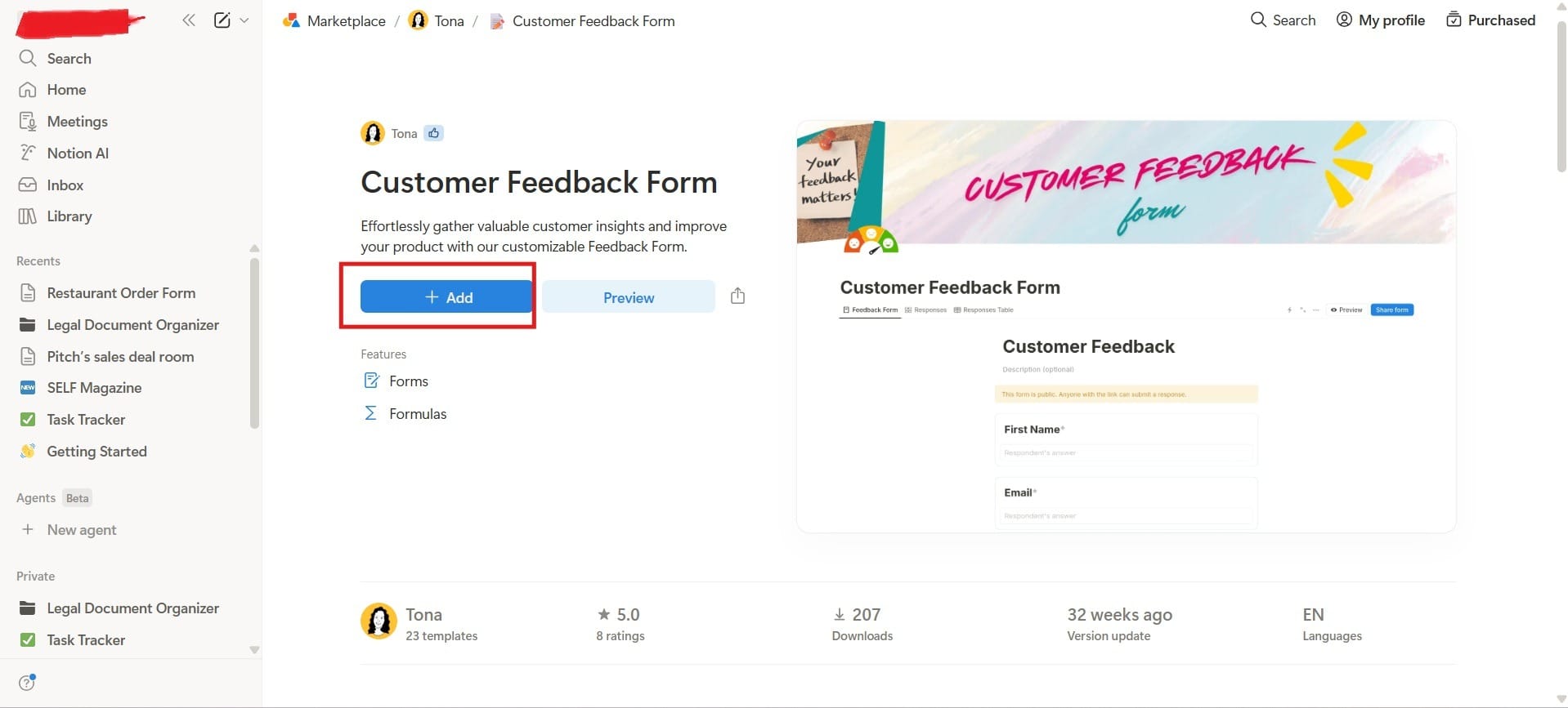 Notion template search showing “Customer Reviews” and Customer Feedback Form option.