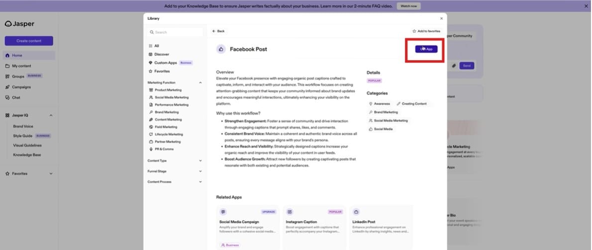 Overview screen in Jasper AI with the app section highlighted in the top right corner.