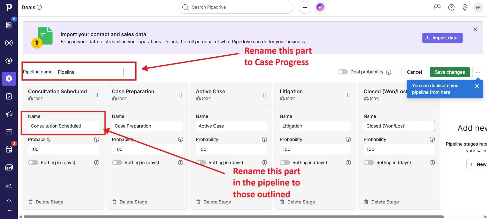 Pipedrive pipeline showing deals as case stages on a kanban board.