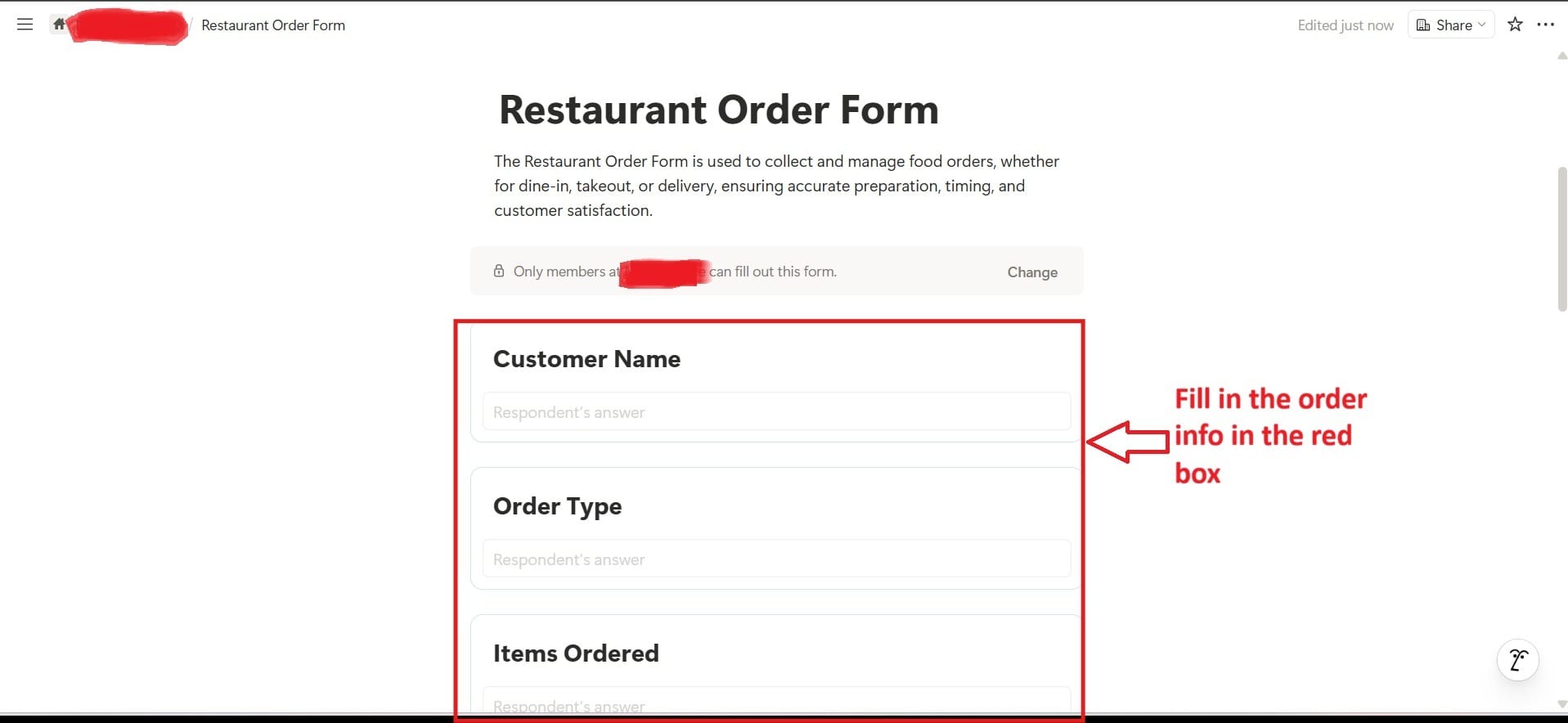 Notion form showing fields for customer name, items, quantity, and special instructions.