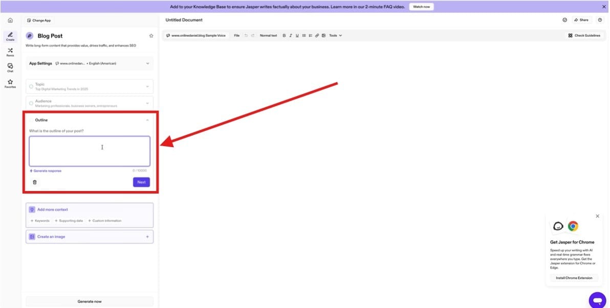 Outline editor for structuring an article.[Button: Check out Jasper AI for Yourself!]
