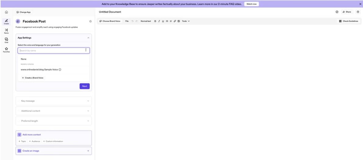 Jasper AI post editor with brand voice and upload options.