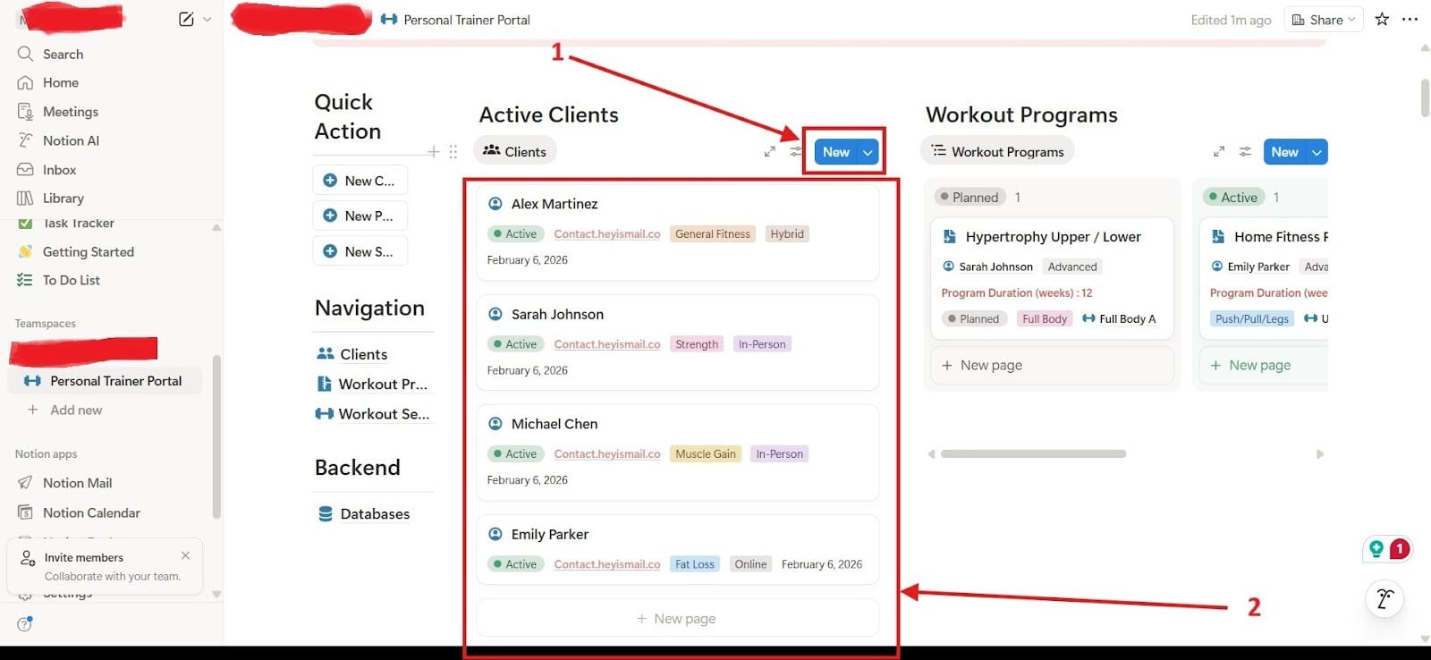 Screenshot of a fitness app dashboard created from the “Personal Trainer” template.