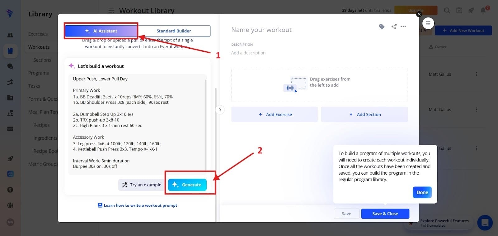 Screenshot of an app interface showing an AI assistant feature to create a workout plan.