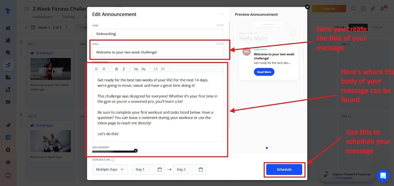 Screenshot of an app interface showing a task-setting feature, with emphasis on navigating to the auto message section.