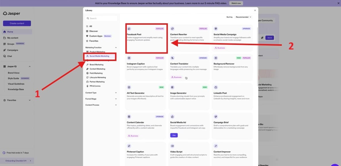 Selecting Social Media Marketing and Facebook Post options in Jasper AI interface.