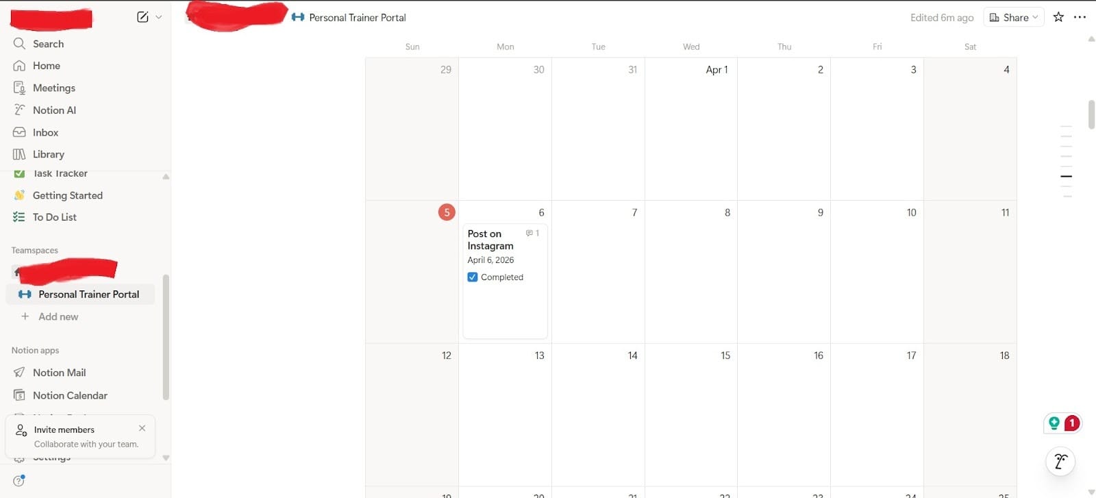 Screenshot of Notion’s content calendar template showing a workspace for planning, drafting, and organizing social media posts.