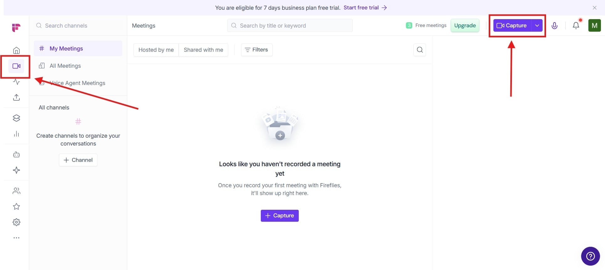 Meeting section showing “Capture” button for recording transcripts.