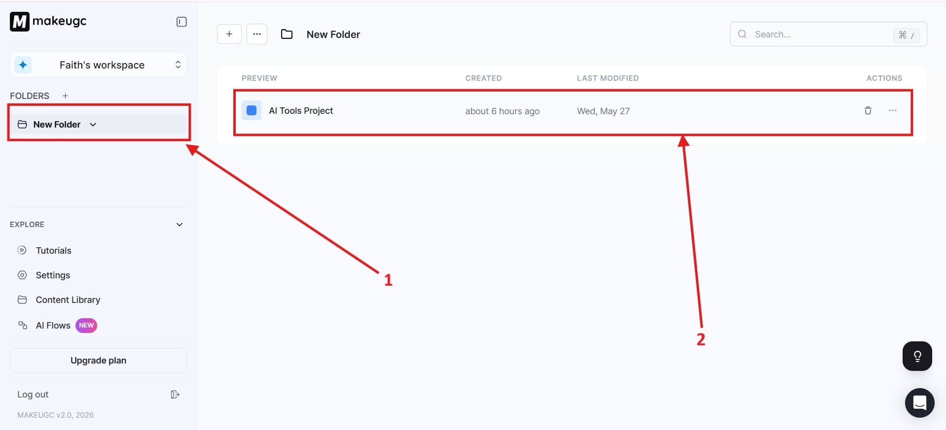 Folder section highlighted as Red Box 1 and project selection option highlighted as Red Box 2 for choosing a project.