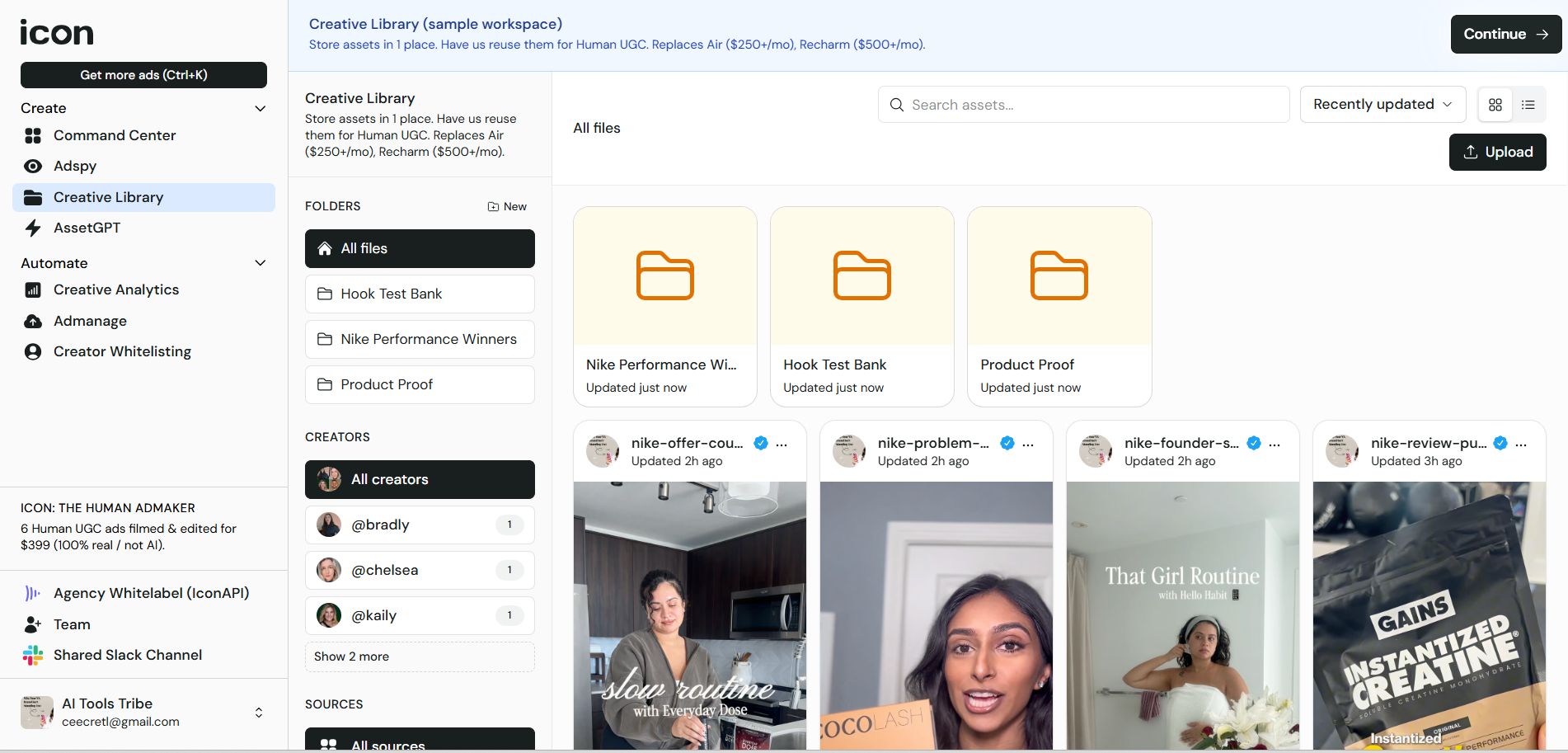 Screenshot of the Icon AI workspace displaying uploaded media assets and campaign content organization.