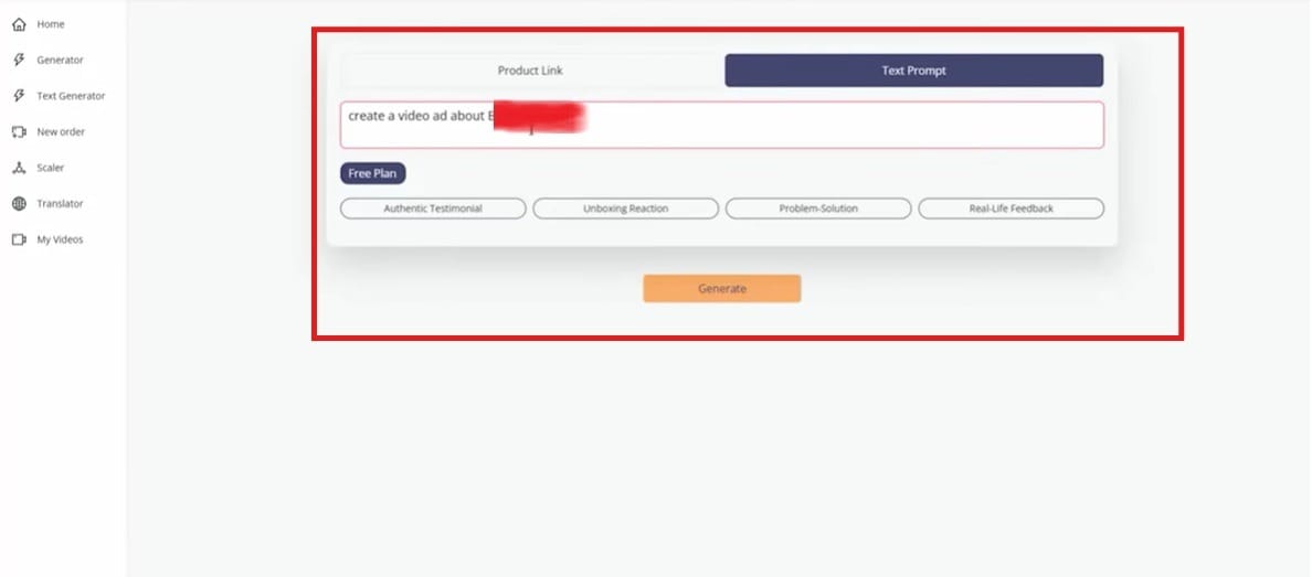 In the image, the Letstok dashboard highlights the prompt area and Text Generator for UGC ad creation.