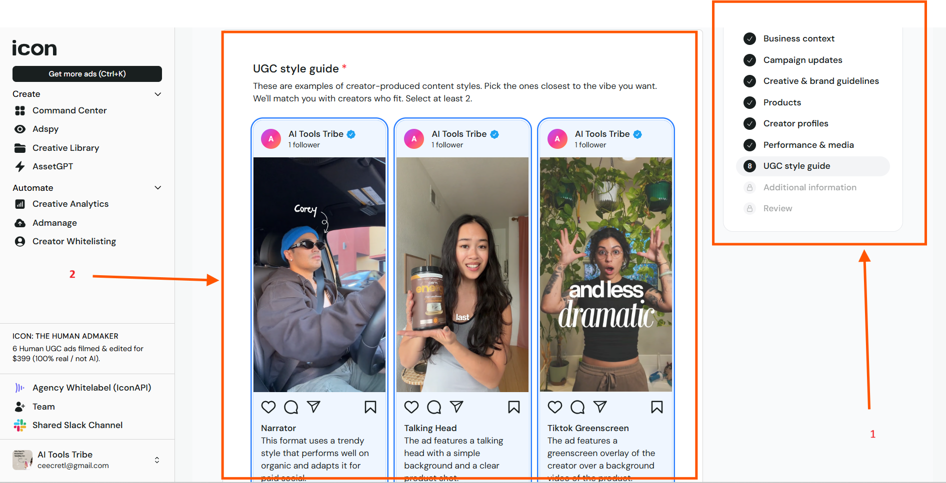 Screenshot of the Icon AI onboarding process showing setup steps and UGC style guide options.