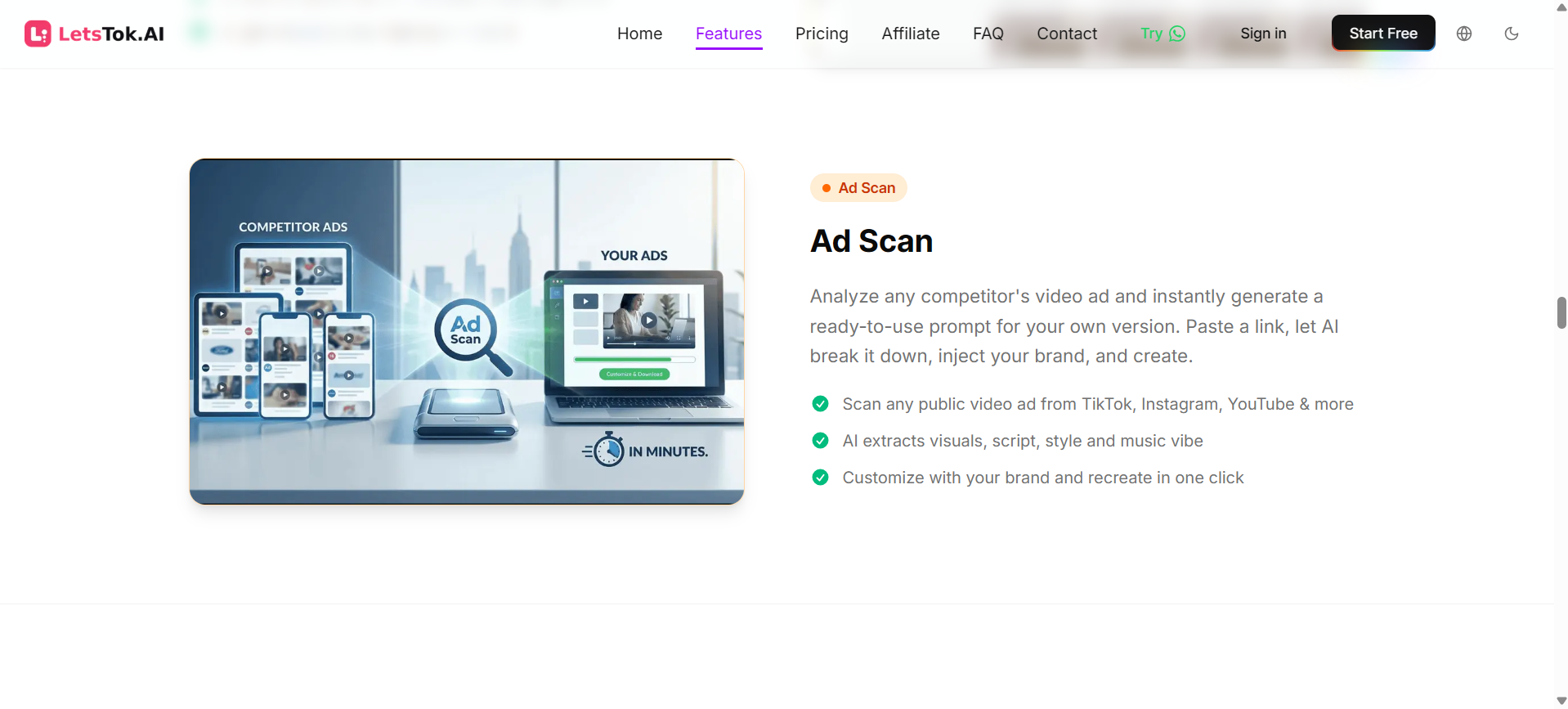 In the image, LetsTok shows competitor ad analysis used to identify high-performing ad styles.