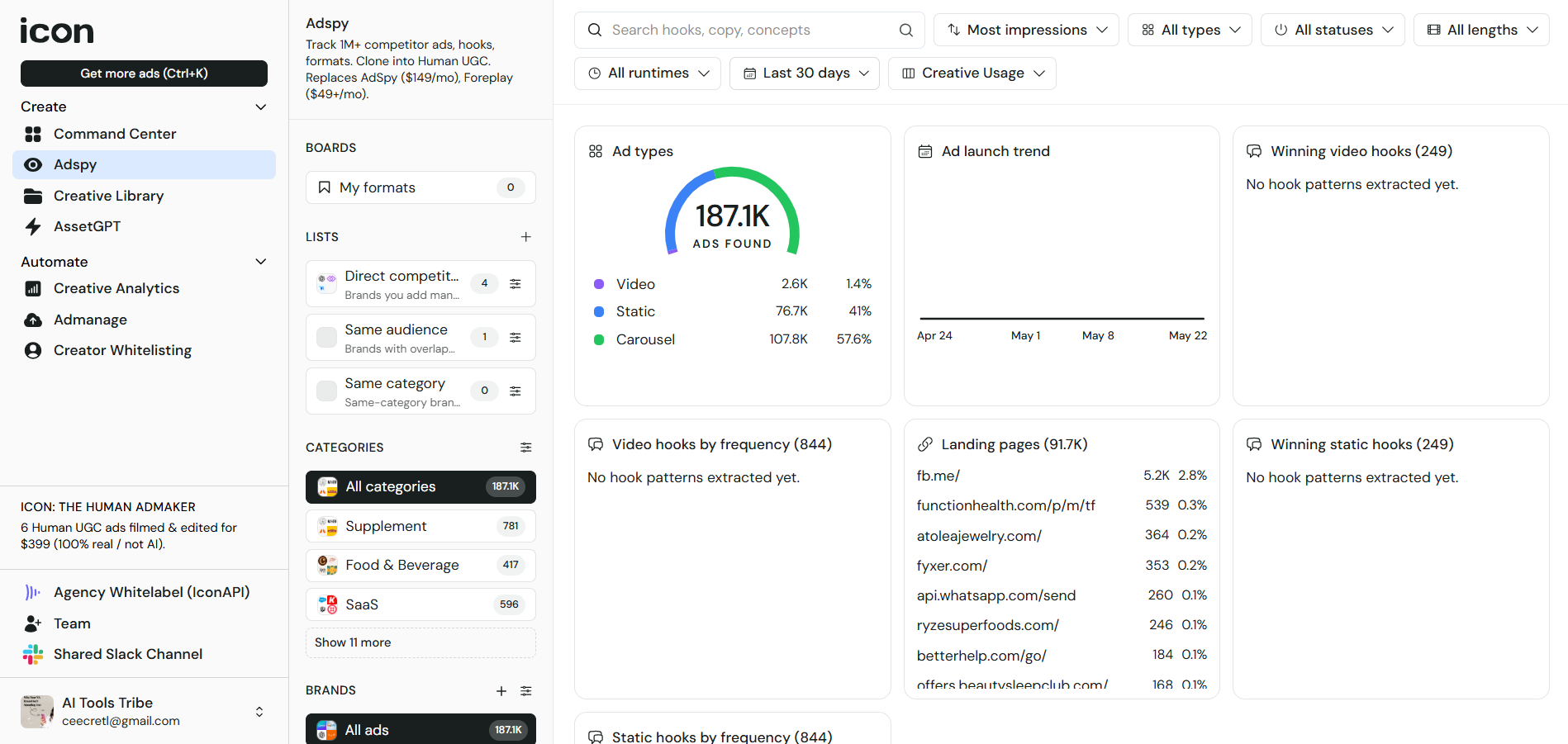 Screenshot of the Icon AI Adspy section showing competitor ad research and advertising insights.