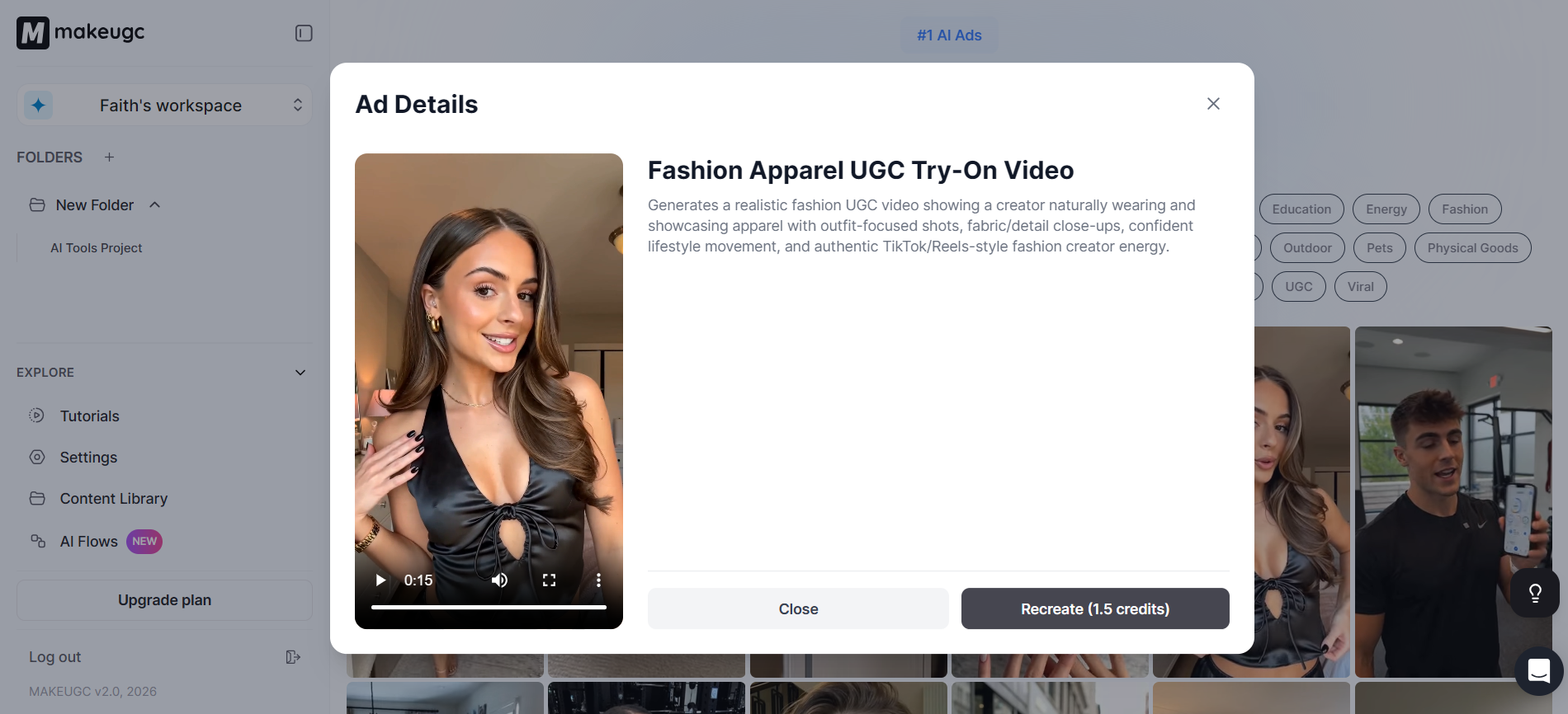 AI actor video selection showing a talking avatar, option to recreate content with a product, 1.5 credit cost for 15 seconds of ads, and 1 credit option for 9 seconds.