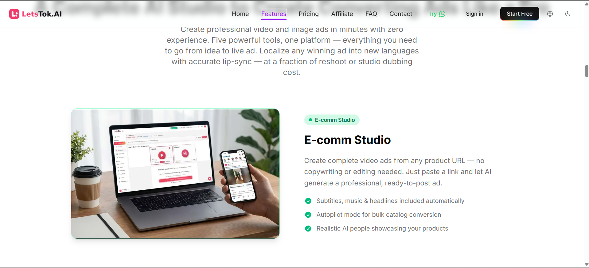 In the image, LetsTok shows a product link being used to generate a video advertisement automatically.