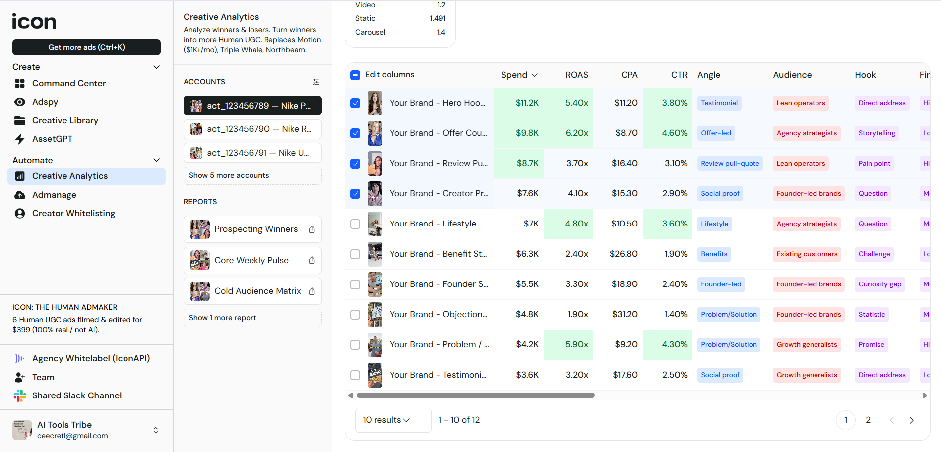 Screenshot of the Icon AI analytics dashboard displaying ad performance metrics, audience insights, and hook analysis.