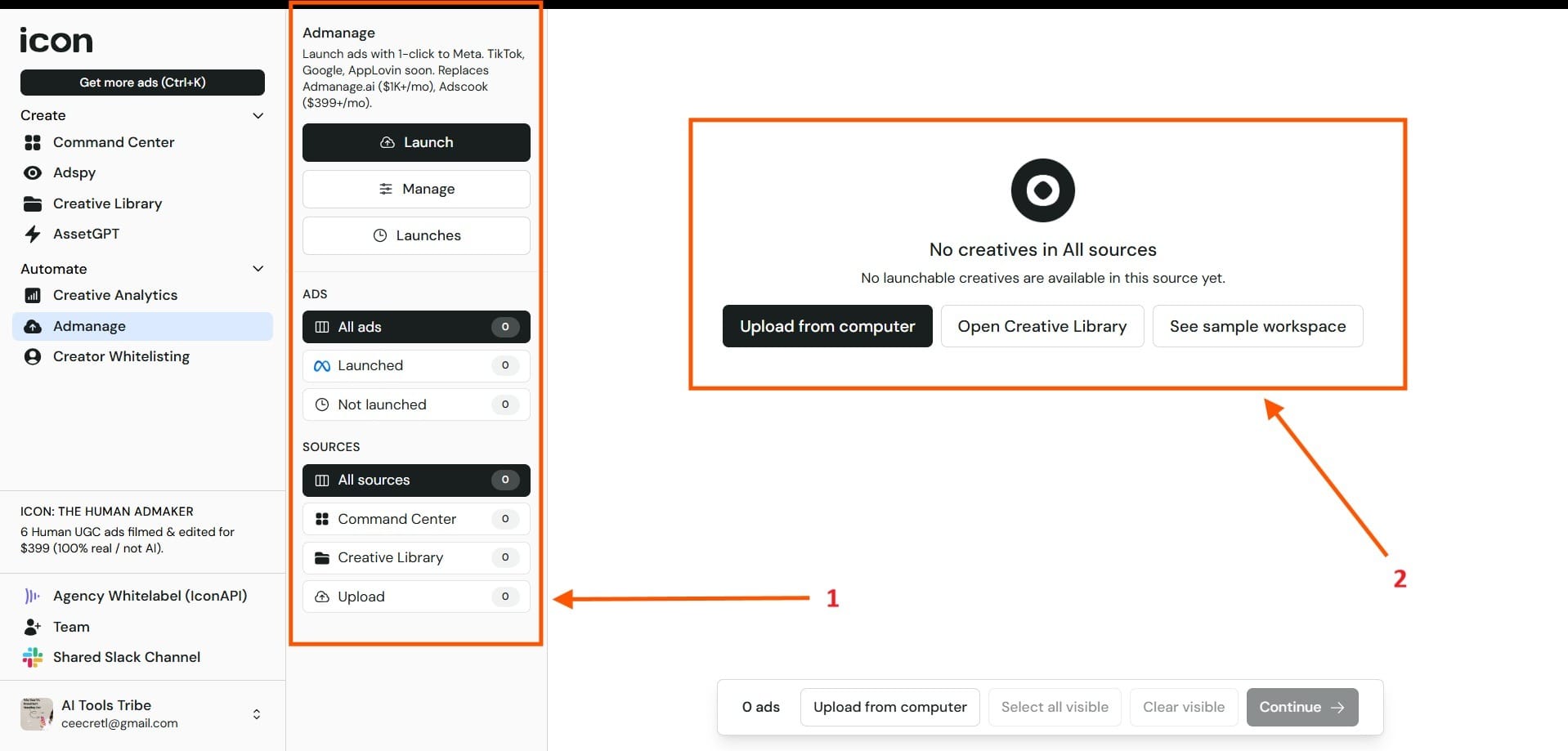 Screenshot of the Icon AI Admanage section showing ad launches, campaign management tools, uploads, and creative library access.