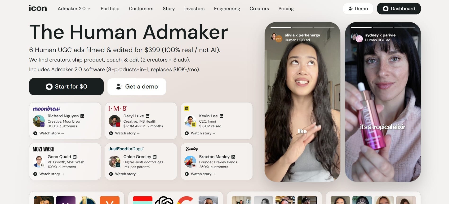 Screenshot of the Icon AI platform showing ad management and creative marketing tools.