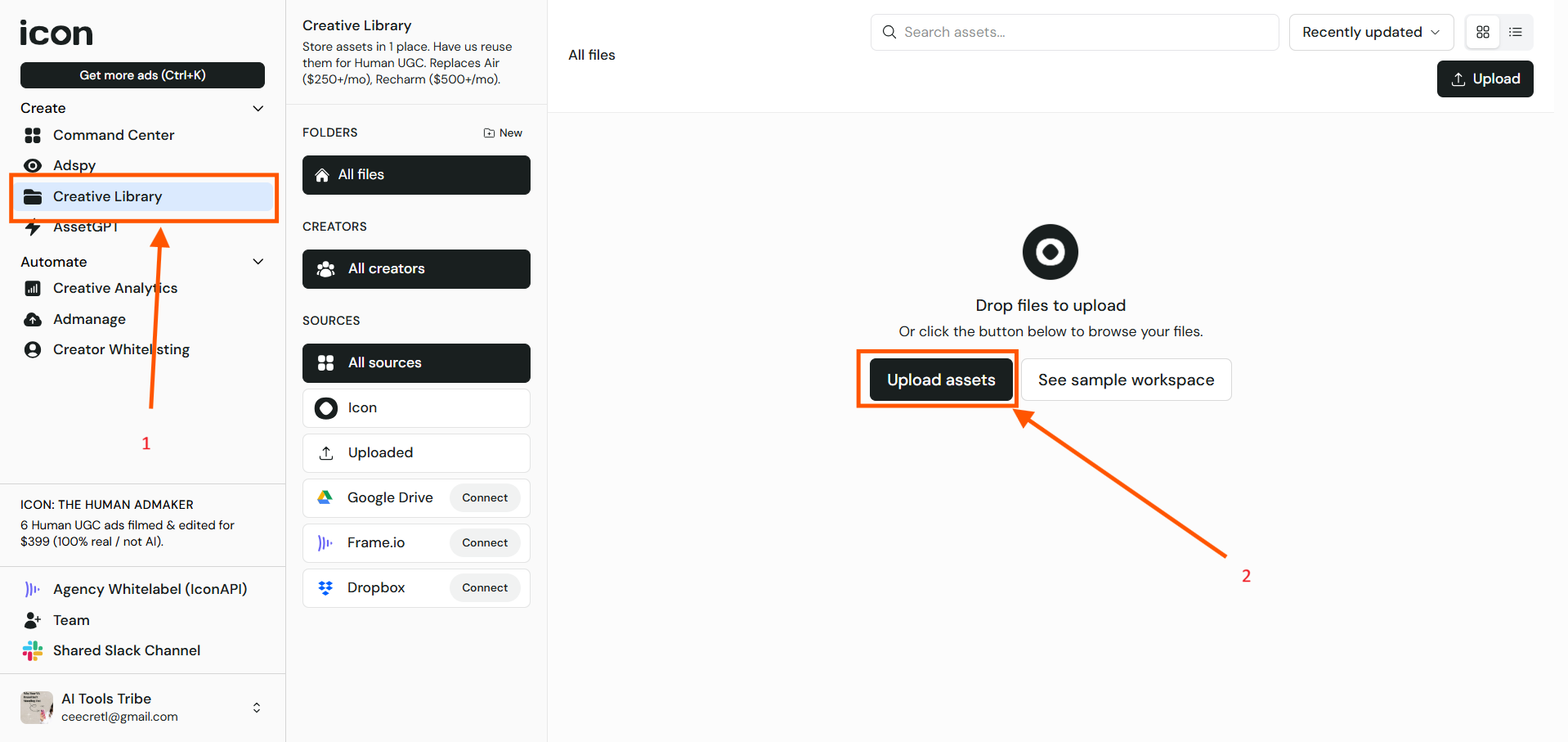 Screenshot of the Icon AI Creative Library showing asset upload options and media management.