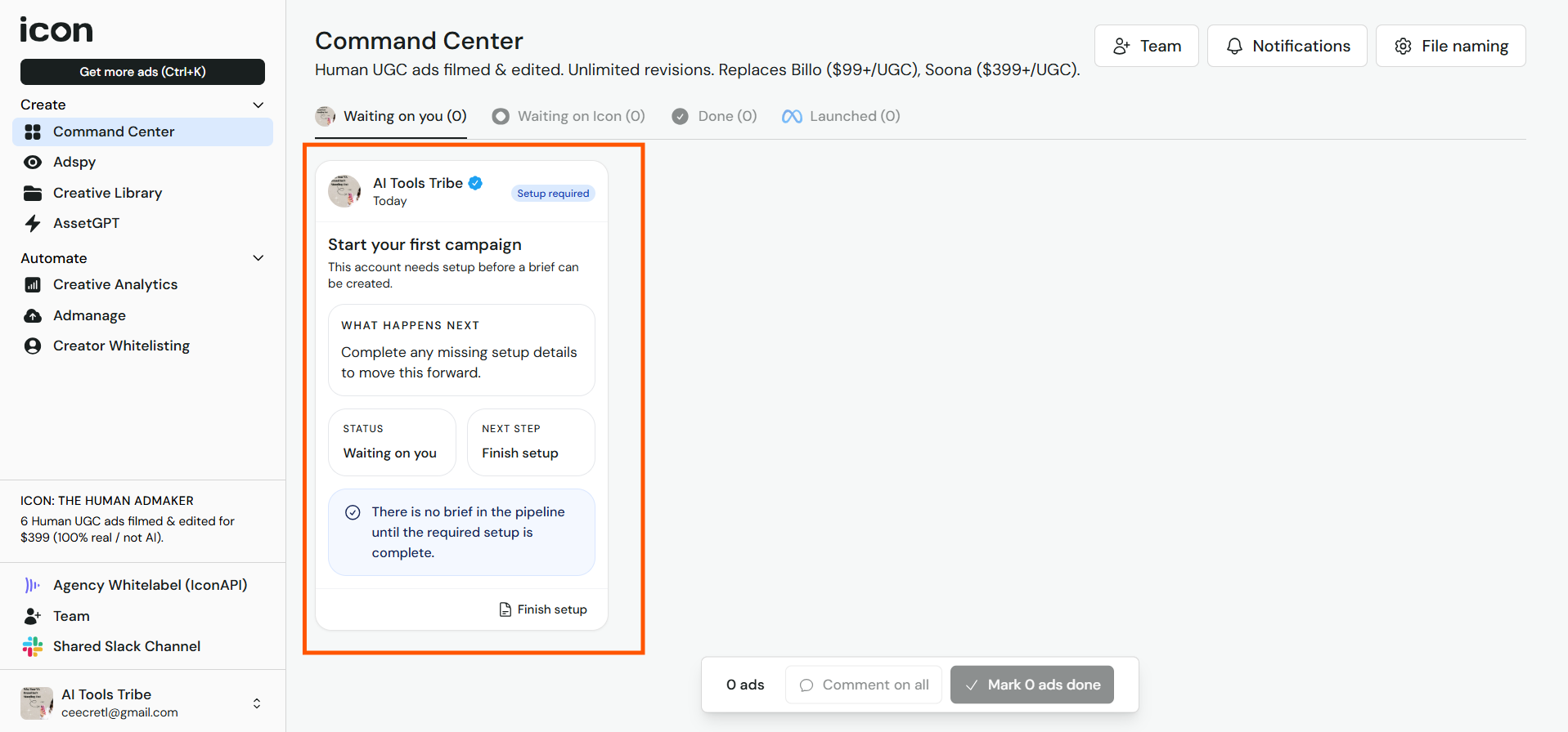 Screenshot of the Icon AI Command Center showing campaign setup review and ad launch options.