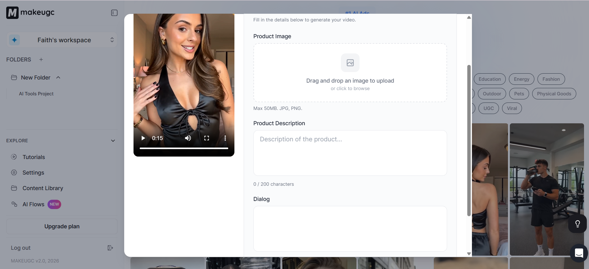 Recreate section where users drag and drop images, add product description, and write dialog for the video.