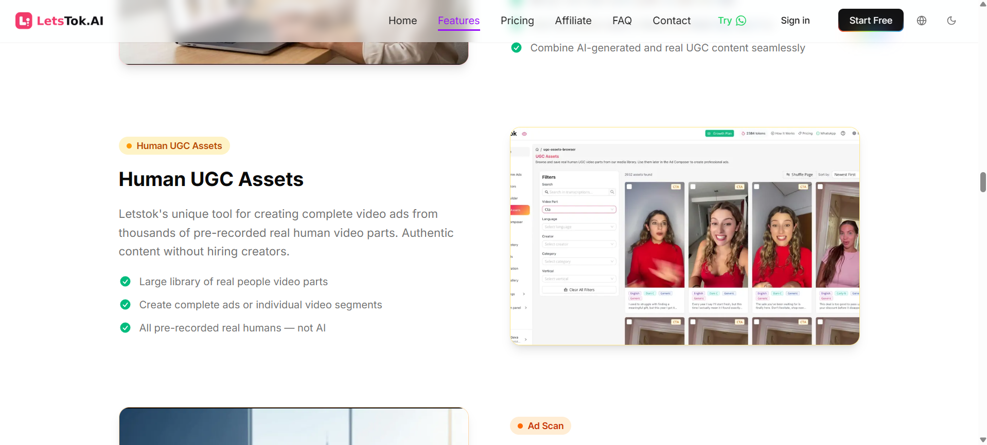 LetsTok displays pre-recorded human UGC assets used to build realistic product ads.