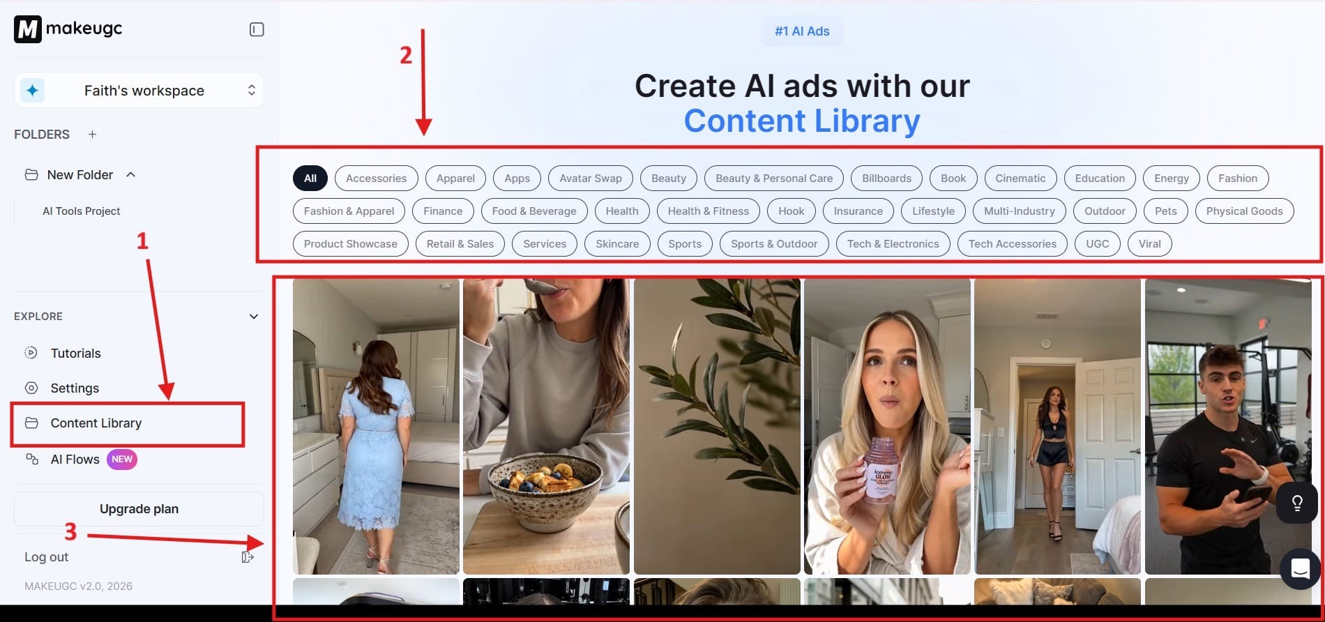 Content Library page showing Red Box 1 navigation, Red Box 2 categories, and Red Box 3 AI actor selection.