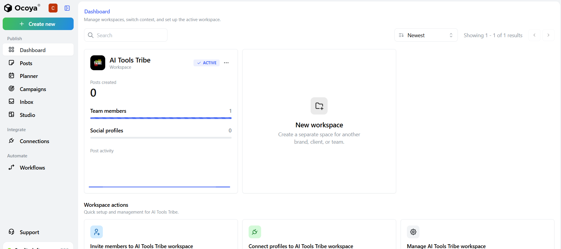 Ocoya dashboard showing an active workspace and the option to create a new workspace.