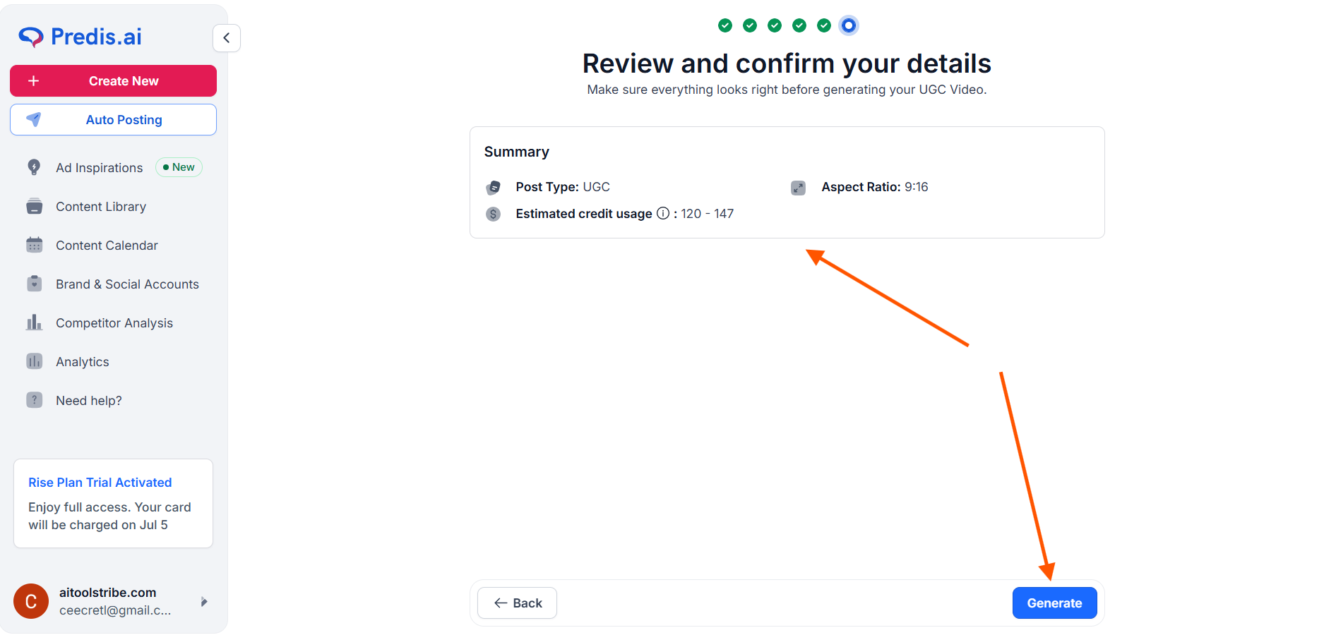 Summary screen with Generate button.