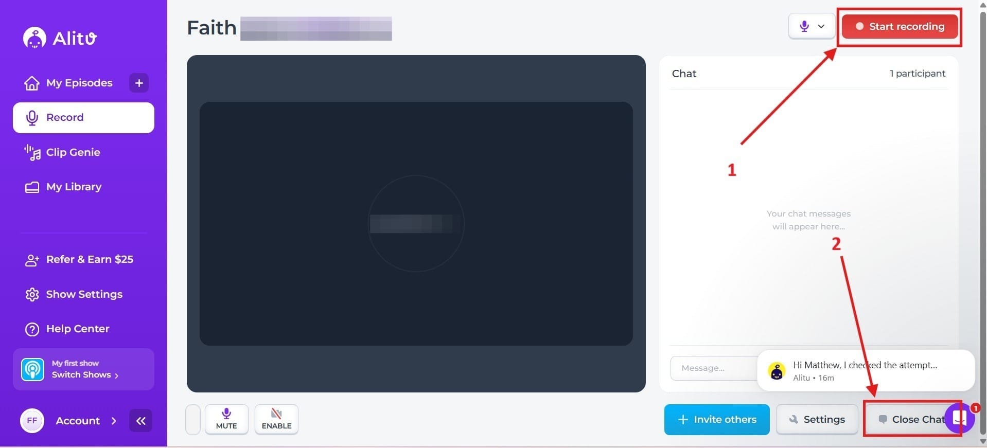 Here you see the Start Recording button and the option to close the chat highlighted inside Alitu’s recording studio.