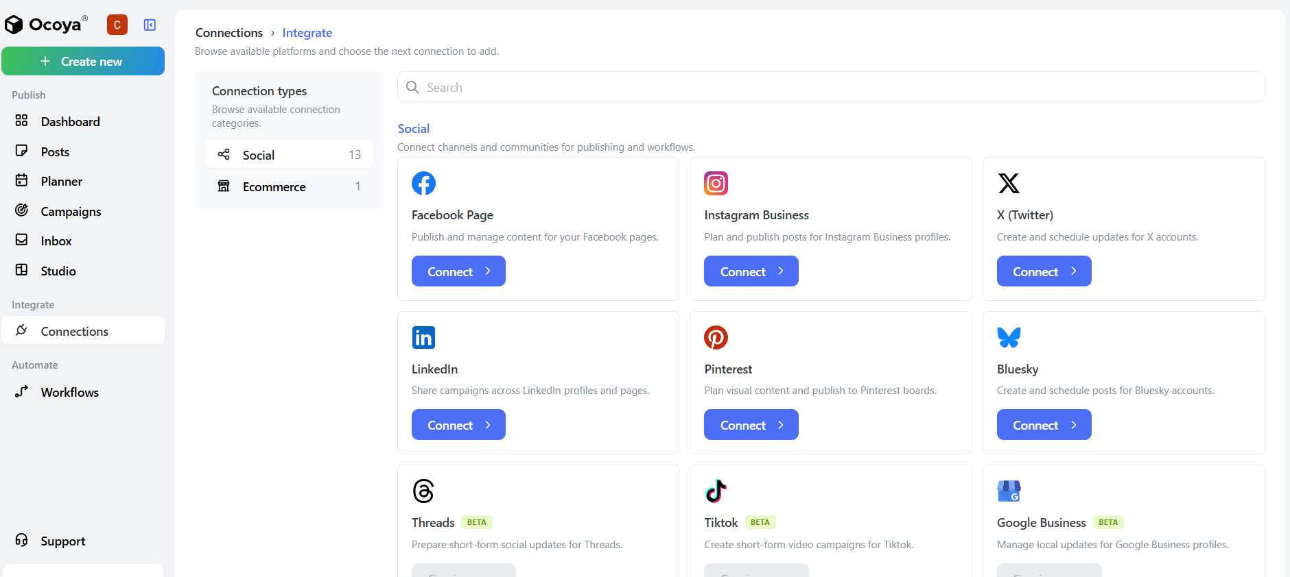Ocoya Connections page showing options to connect social media accounts.