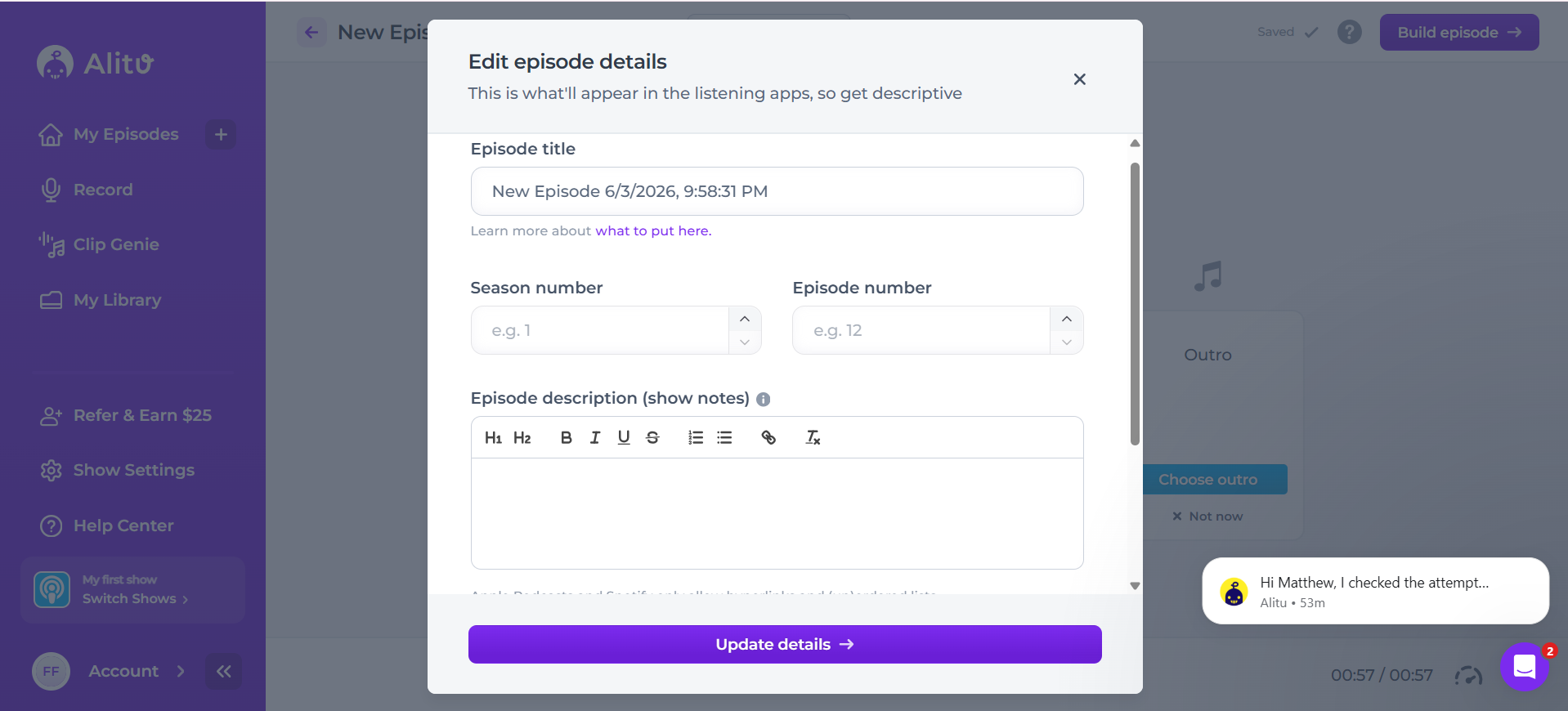 Here you see where to set the episode title, season number, episode number, explicit content option, and episode description inside Alitu.