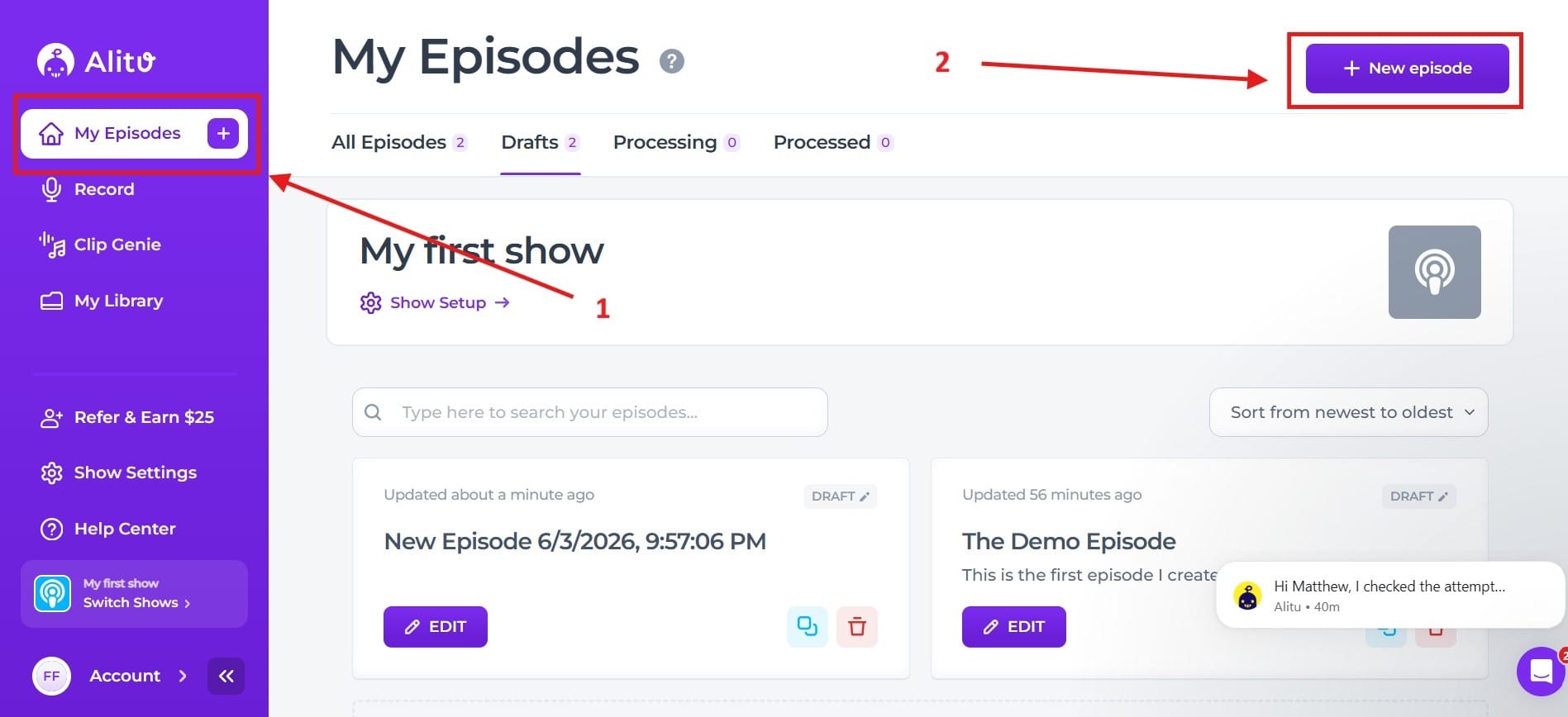Here you see the My Episodes tab and New Episode button highlighted inside Alitu’s dashboard.
