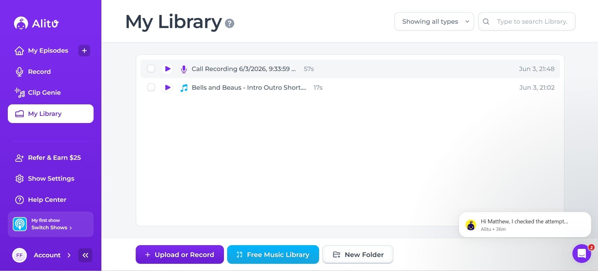 Here you see Alitu automatically enhancing and preparing a podcast recording inside the user’s library.