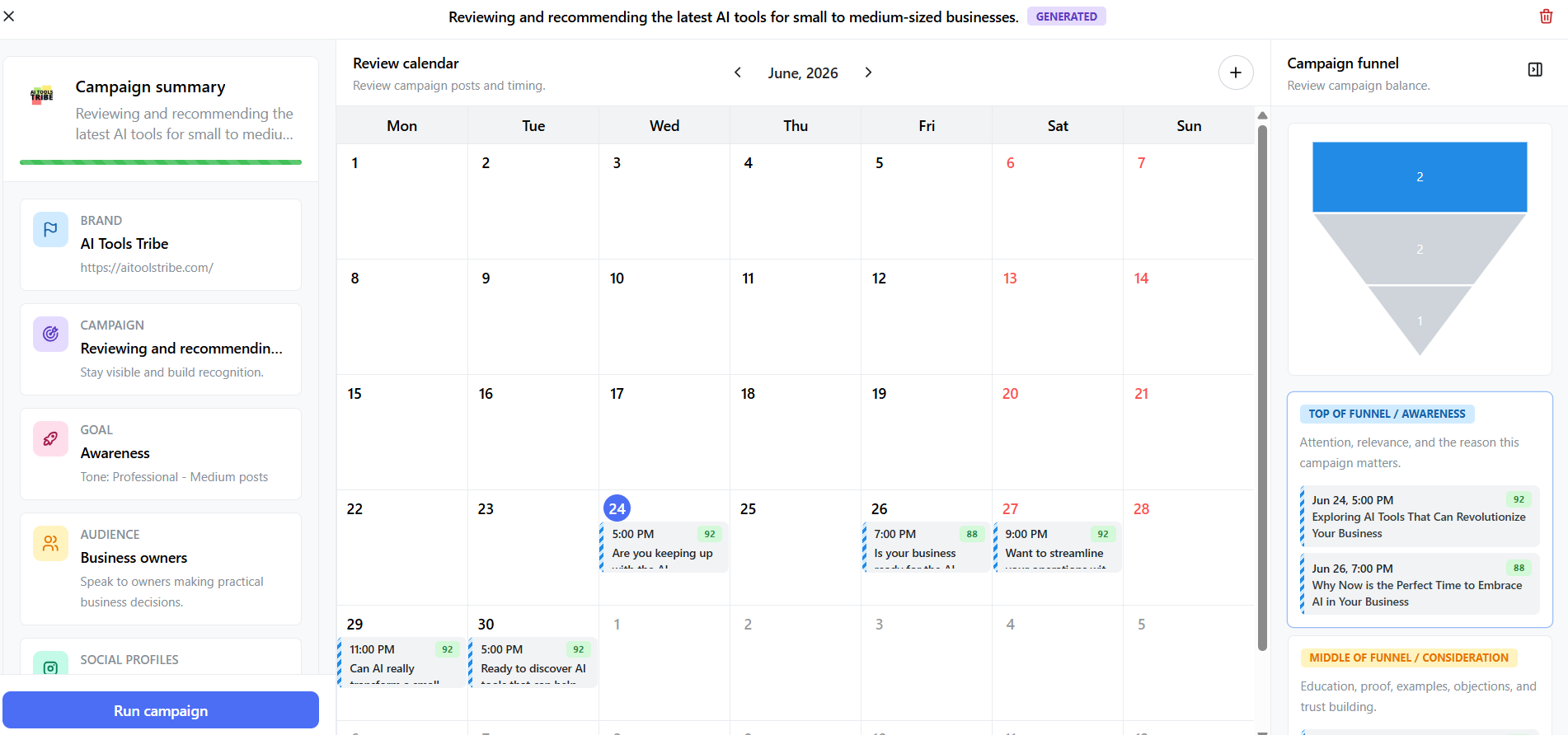 Ocoya campaign calendar displaying AI-generated posts, content funnel stages, and a Run Campaign button for launching the campaign.