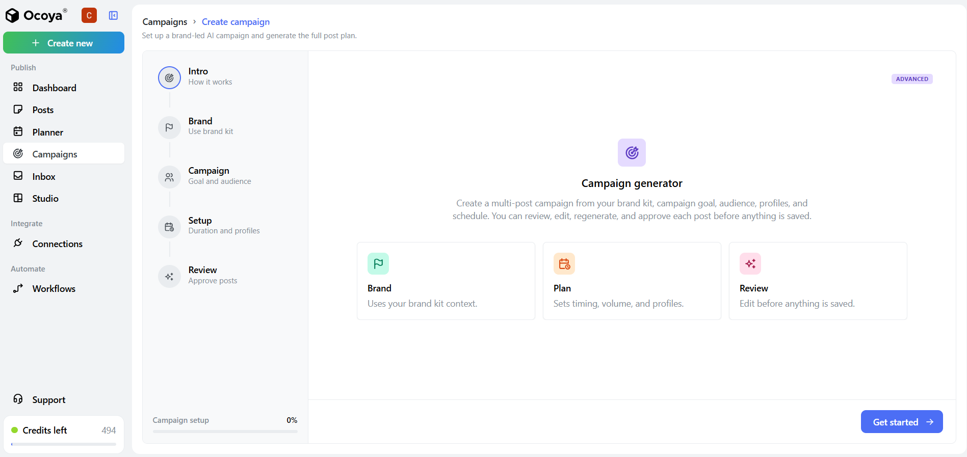 Ocoya Campaign Generator page with the Campaigns tab selected and a Get Started button visible.