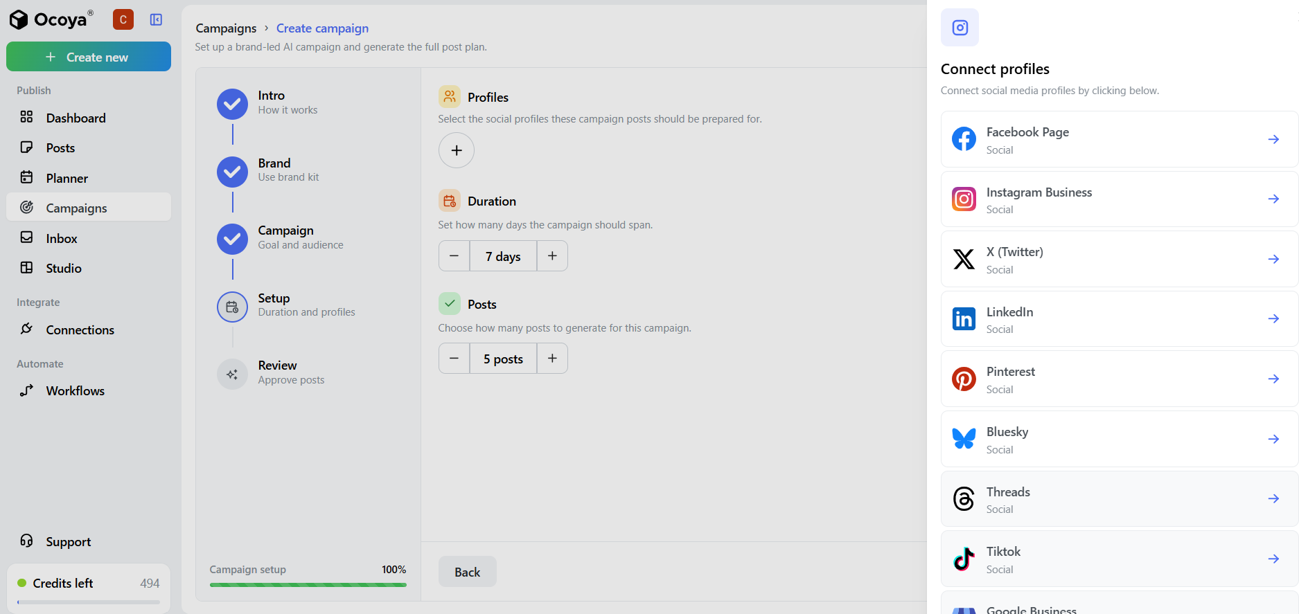 Ocoya campaign setup screen showing connected social profiles, campaign duration, and post count settings before generating a campaign.