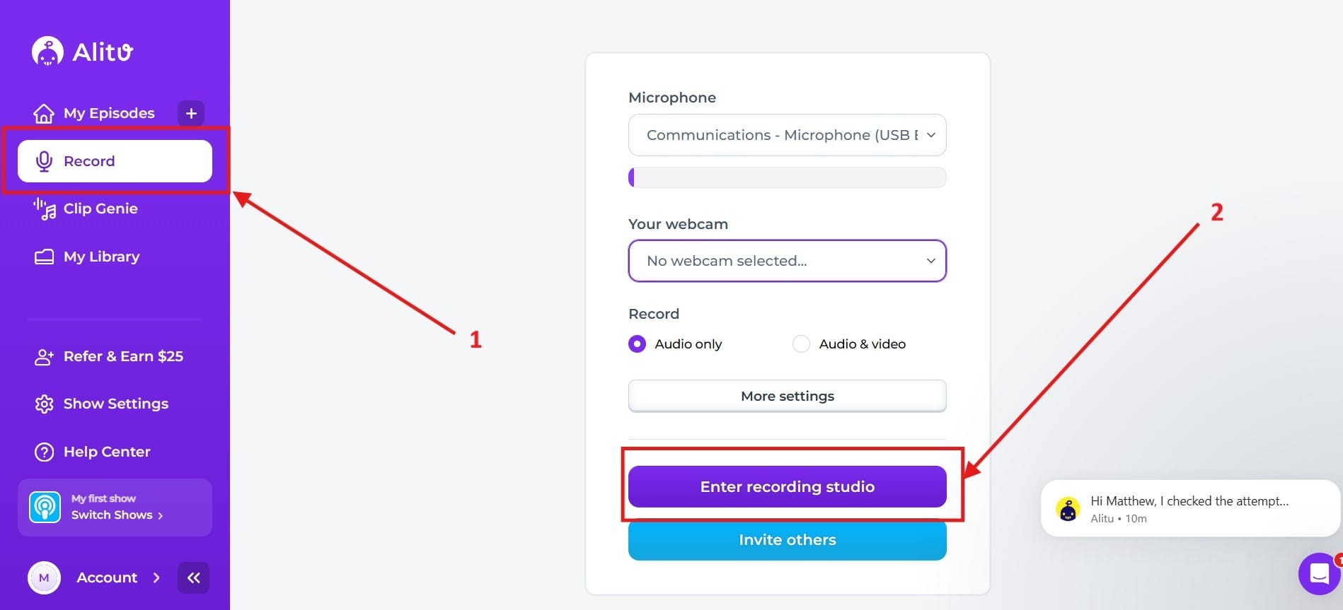 Here you see the Record tab and the Enter Recording Studio button highlighted inside Alitu.