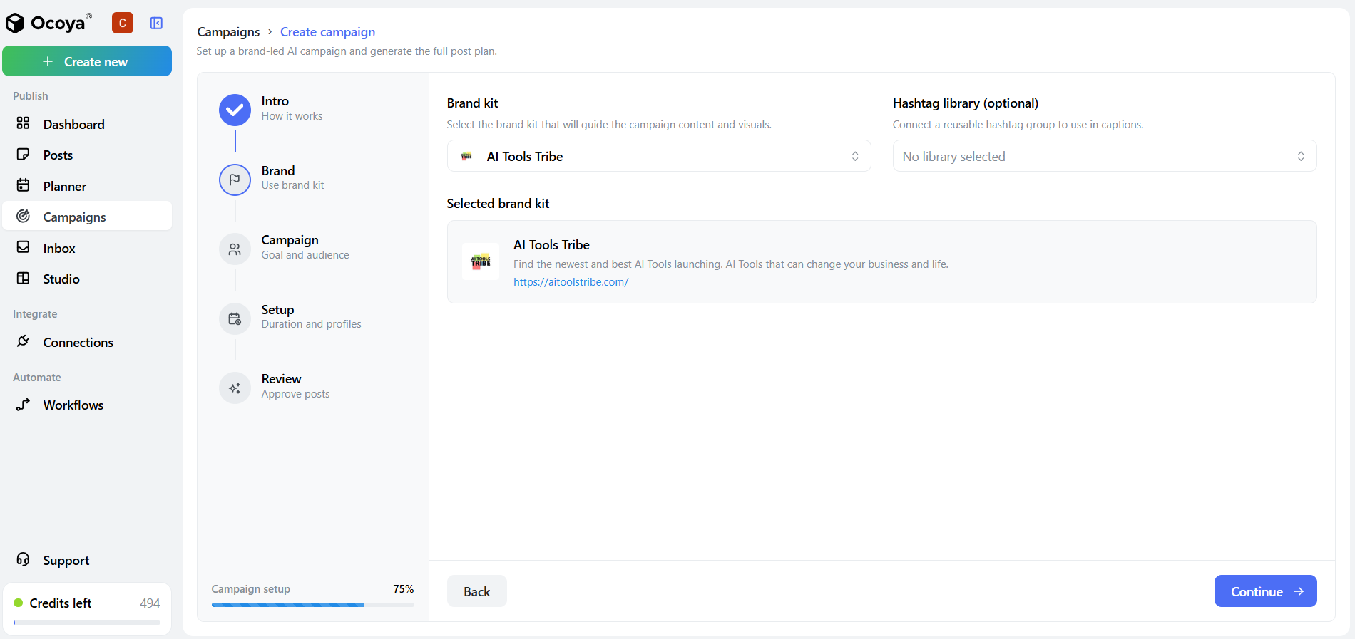 Ocoya campaign setup showing a selected Brand Kit and the Continue button.