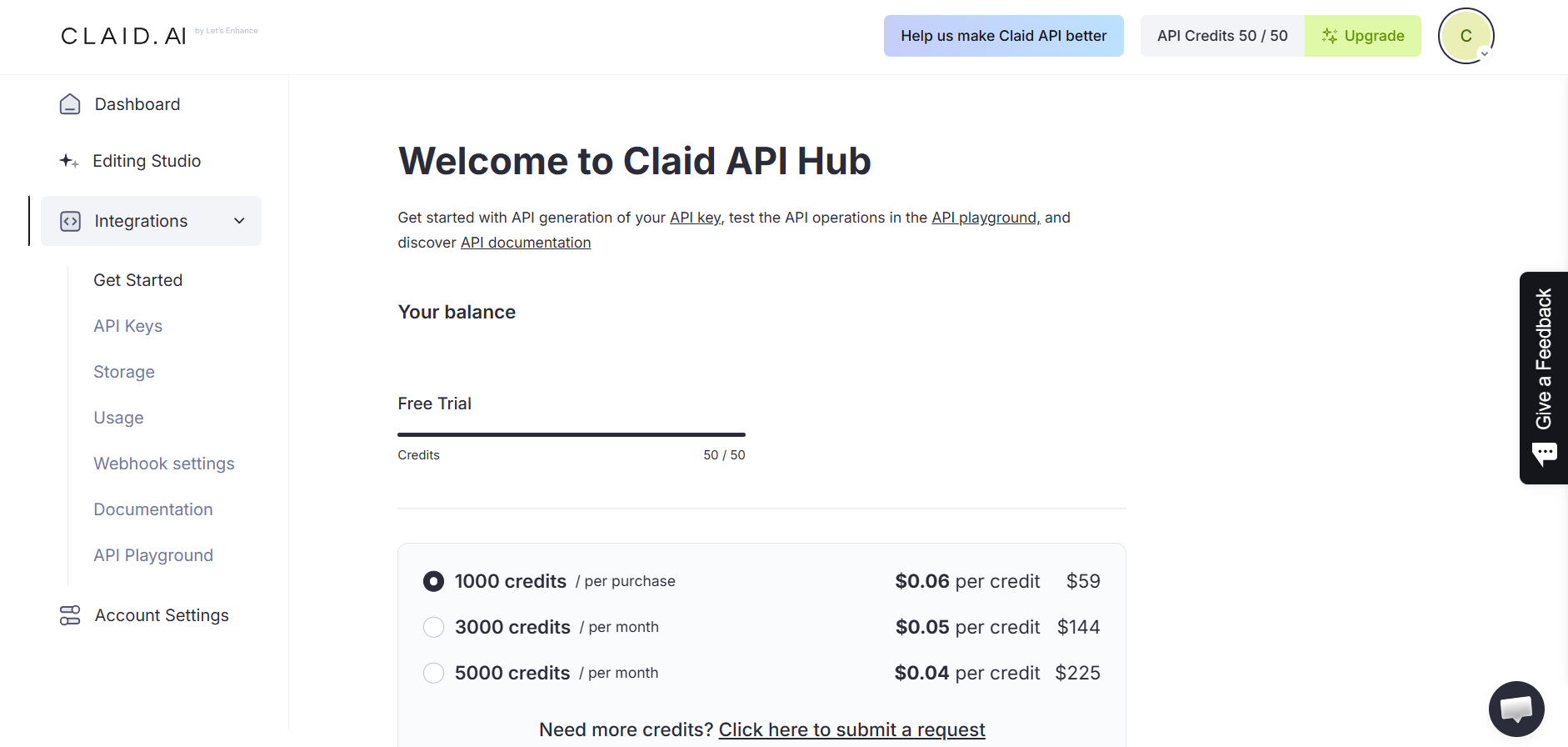 Claid API Hub dashboard showing API integration options, credits, and developer tools for automated image workflows.