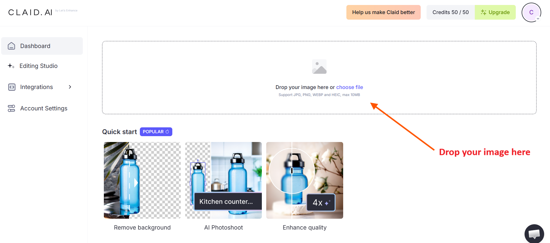 Claid AI dashboard showing the image upload area for product photos.