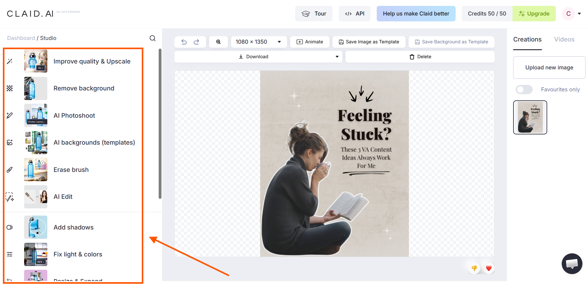 Claid AI editor displaying AI tools such as AI Photoshoot, Remove Background, AI Edit, and Image Enhancer.