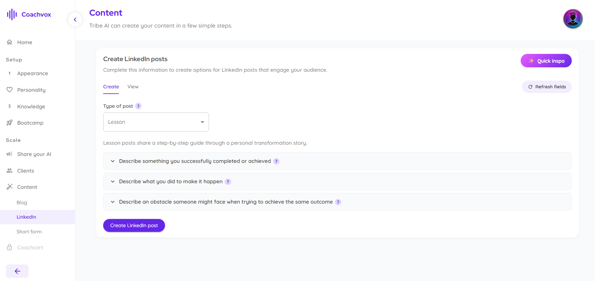 Coachvox LinkedIn post creator with post type and story-prompt fields.